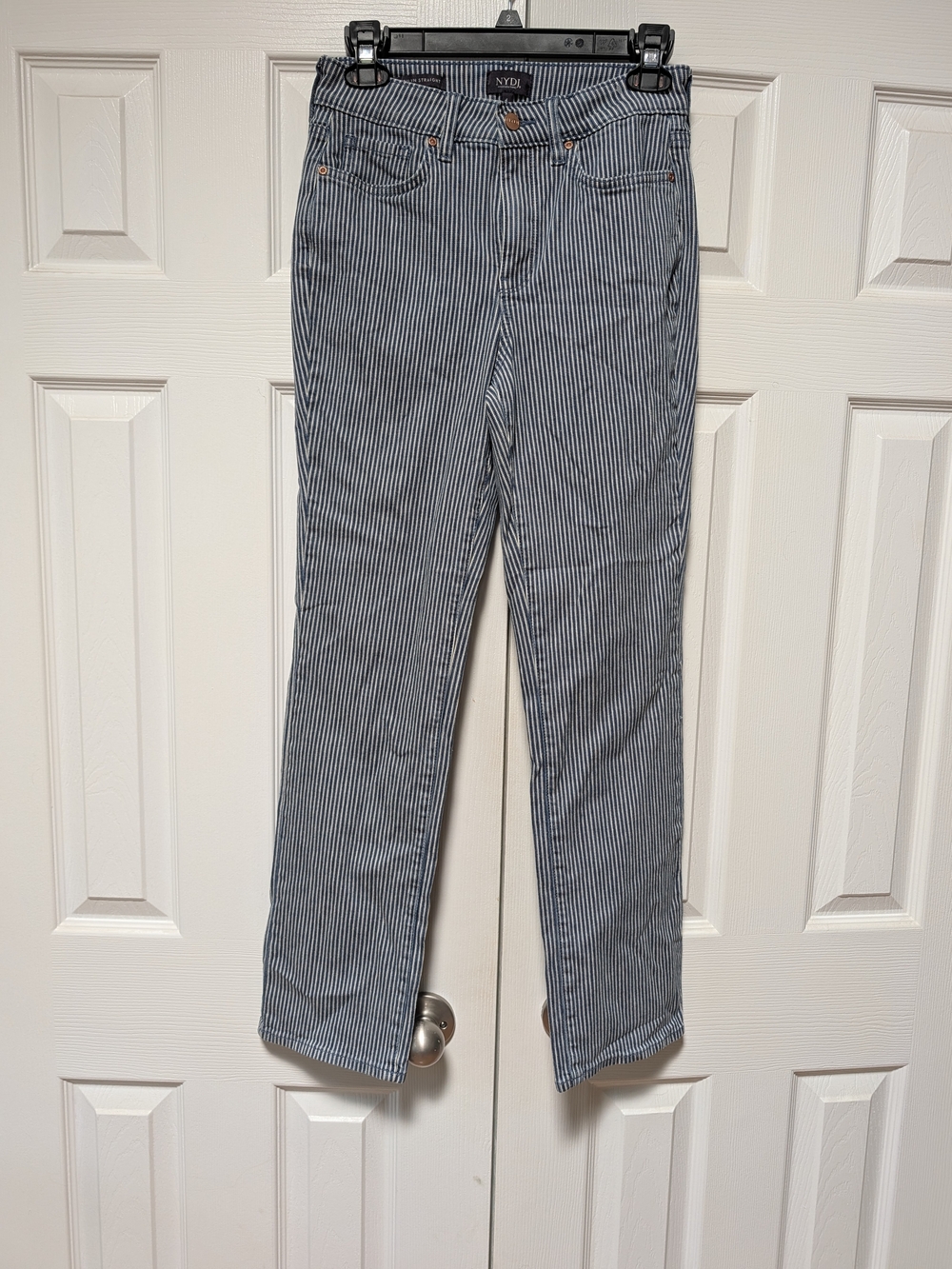 NYDJ Navy and White Pinstripe Straight Leg Jeans Women's Size 4